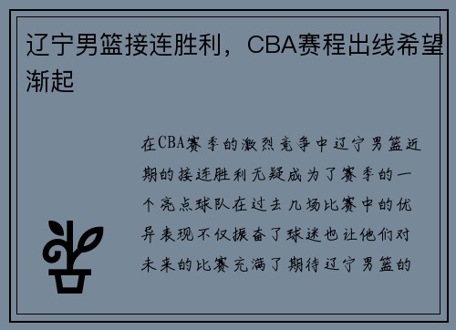 辽宁男篮接连胜利，CBA赛程出线希望渐起