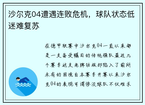 沙尔克04遭遇连败危机，球队状态低迷难复苏