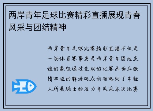 两岸青年足球比赛精彩直播展现青春风采与团结精神